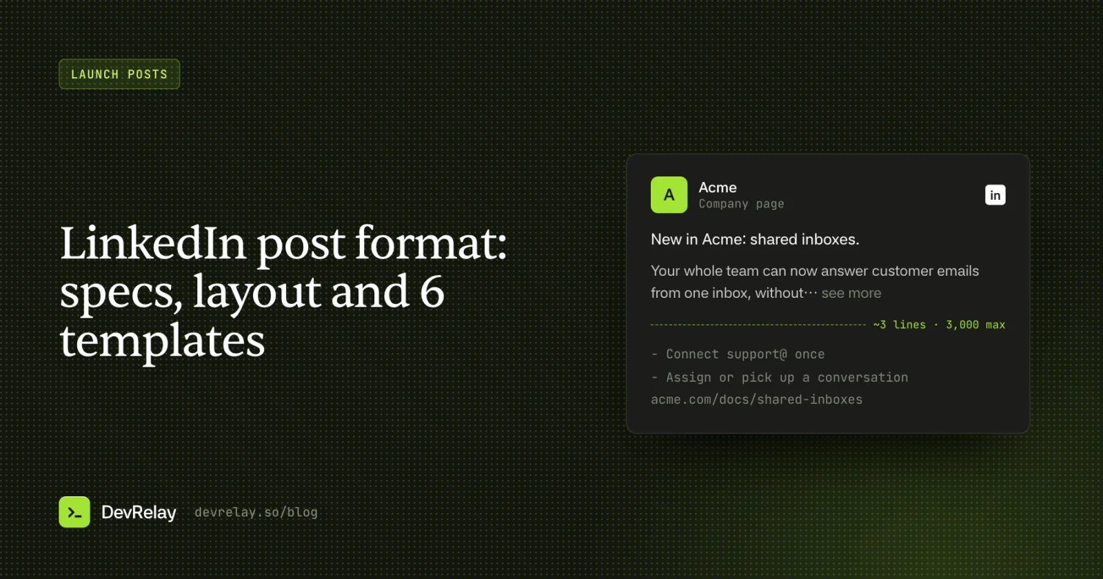 LinkedIn post format: a post with its hook above the see more cut, short paragraphs, a list and a link
