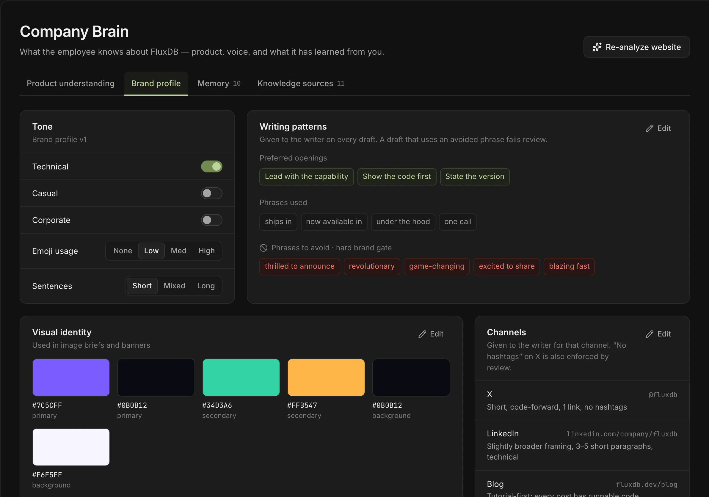 DevRelay brand profile with tone settings, preferred and avoided phrases, brand colours and per-channel guidance for X, LinkedIn and the blog
