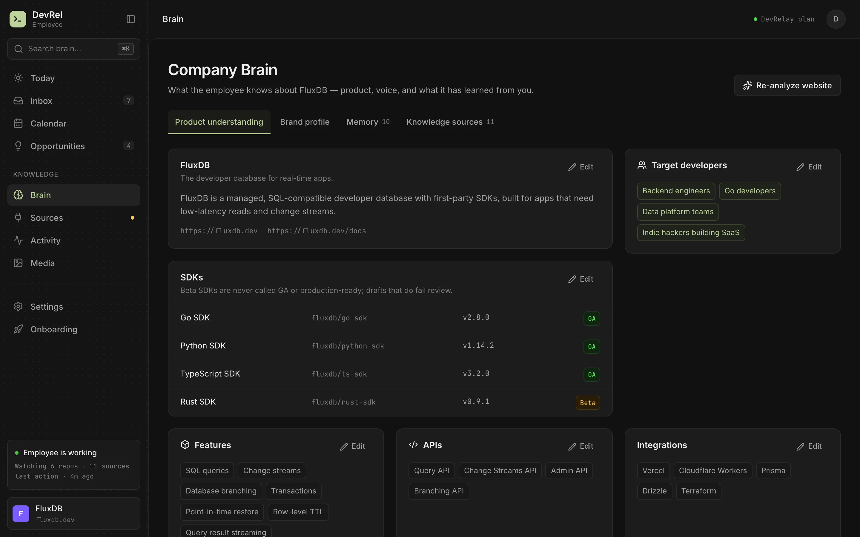 DevRelay brain page showing the company profile and knowledge sources