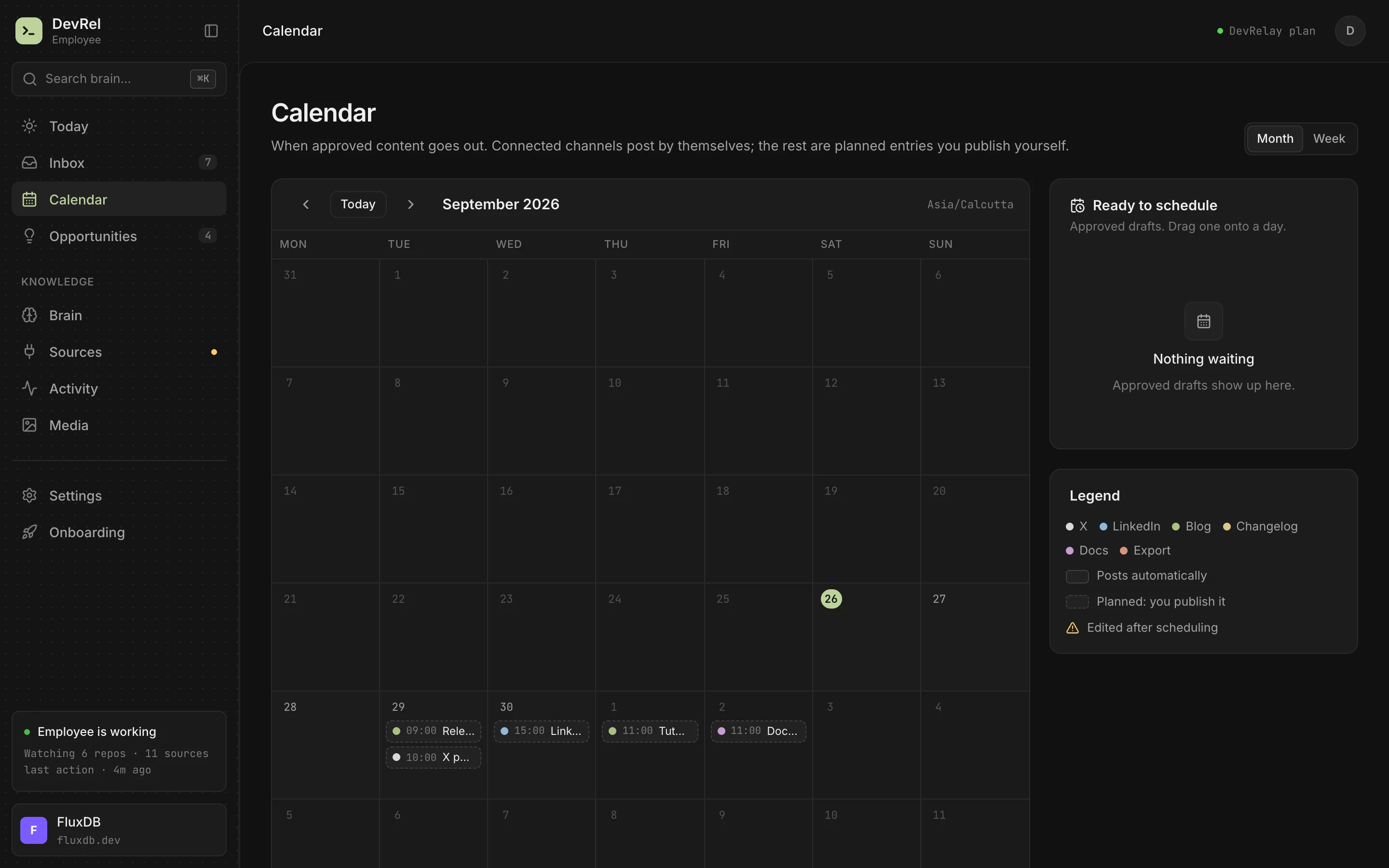 DevRelay calendar with scheduled X and LinkedIn posts for the week