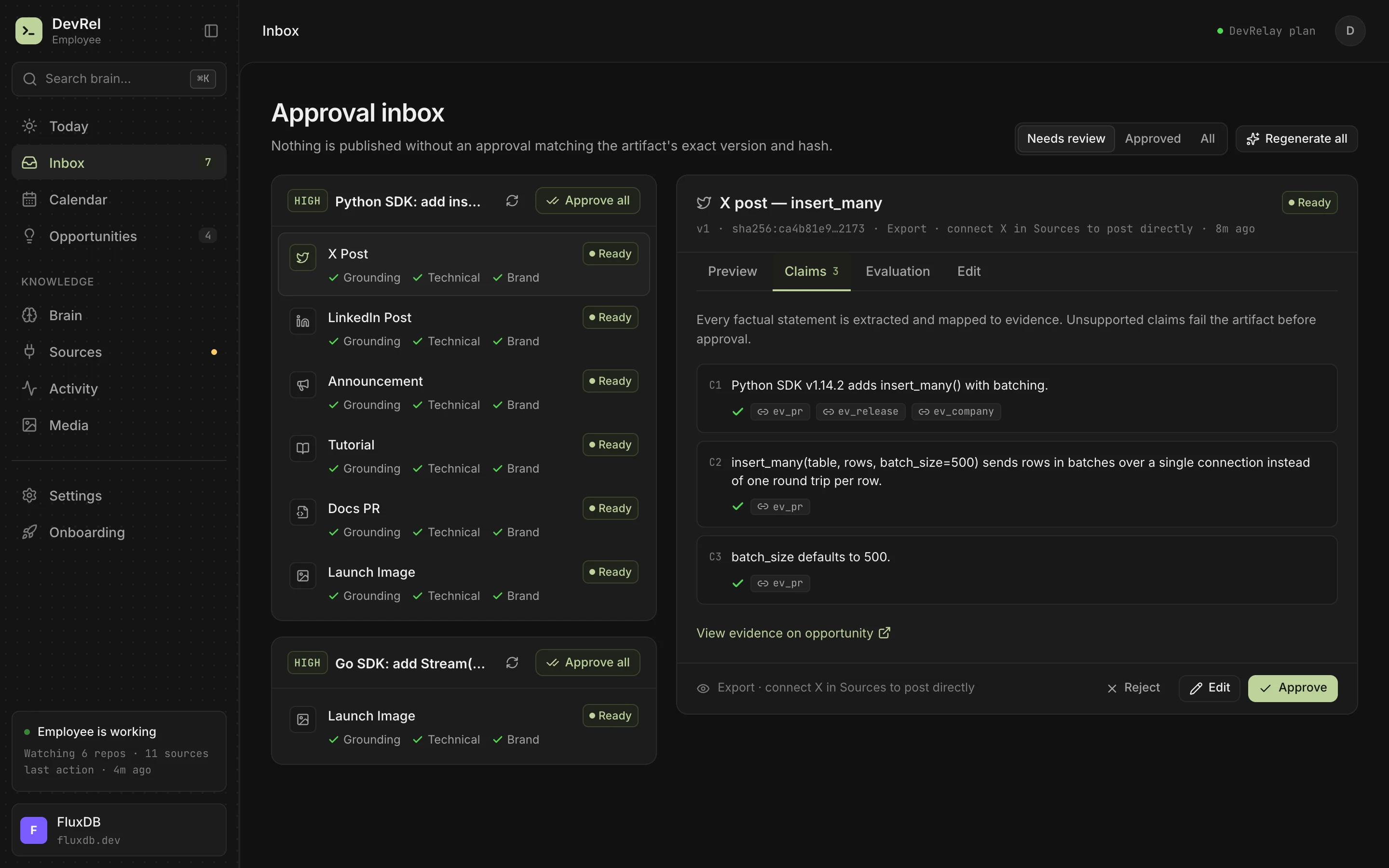 DevRelay inbox showing each claim in a draft linked to the pull request, diff or release it came from