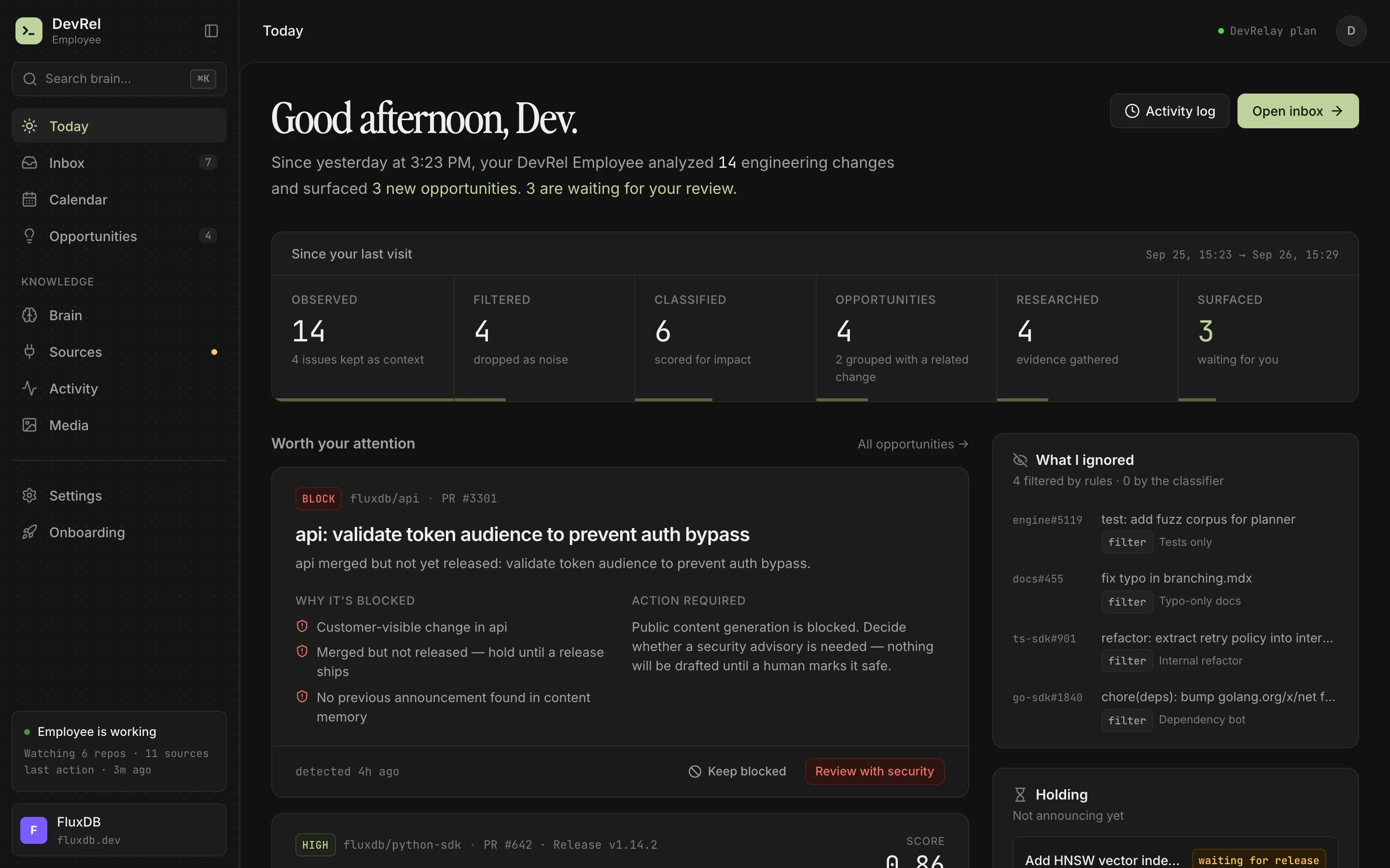 DevRelay Today view with recent changes and drafts waiting for review